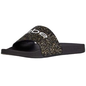 bebe Black and Gold Glitter Sandals